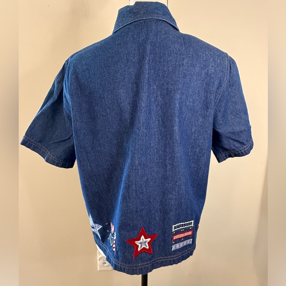 Koret vintage cotton denim patchwork embroidered short sleeve shirt SZ SM - Picture 4 of 12